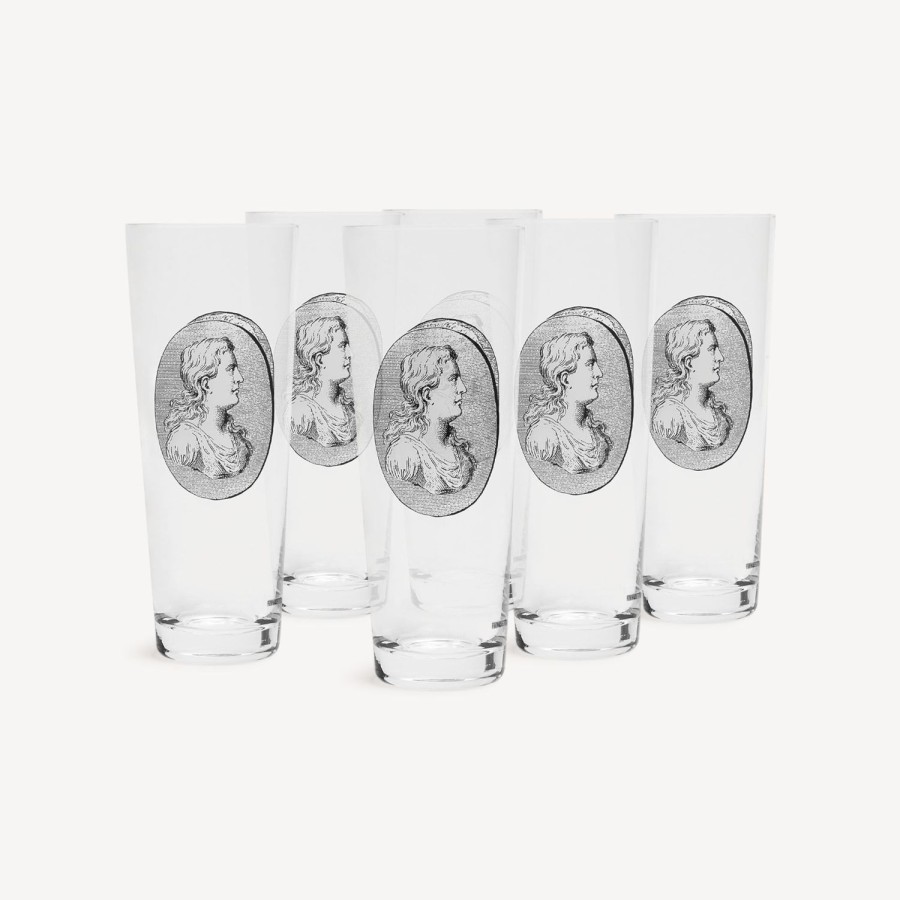 Fornasetti Set 6 Bicchieri Soda Cammei Bianco Nero Bicchieri E Sottobicchieri