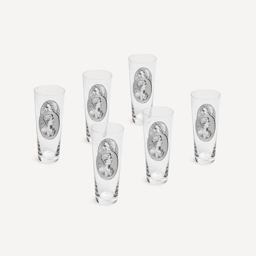 Fornasetti Set 6 Bicchieri Soda Cammei Bianco Nero Bicchieri E Sottobicchieri