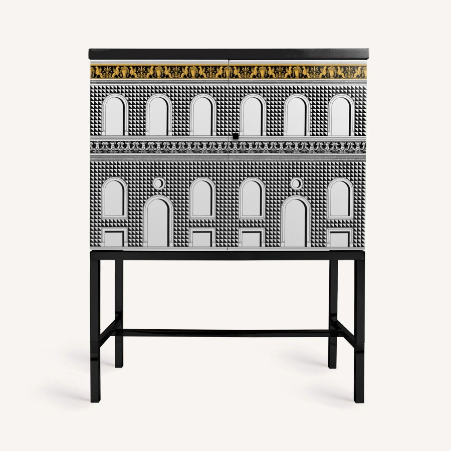 Fornasetti Credenza Rialzata Facciata Quattrocentesca Bianco/Nero/Giallo Armadietti