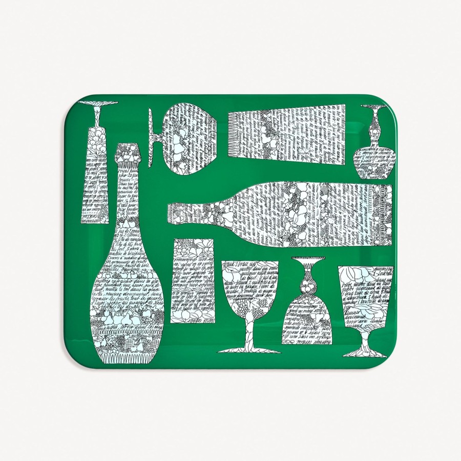 Fornasetti Vassoio Rettangolare Bottiglie Cocktail Verde/Bianco/Nero Vassoi E Pliants Decorativi