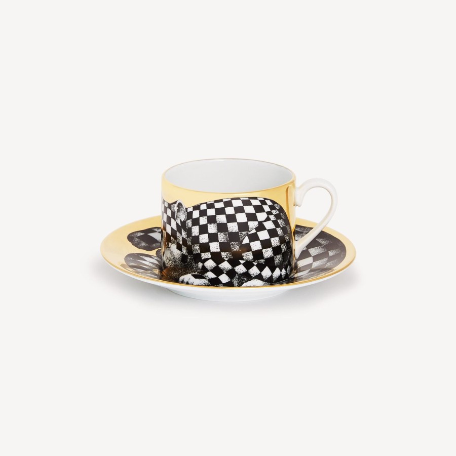 Fornasetti Tazza Te Alta Fedelta Quadrettato Bianco/Nero/Oro Set Da Te E Caffe