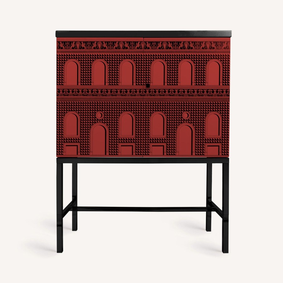 Fornasetti Madia Piccola Rialzata Facciata Quattrocentesca Rosso Nero Armadietti