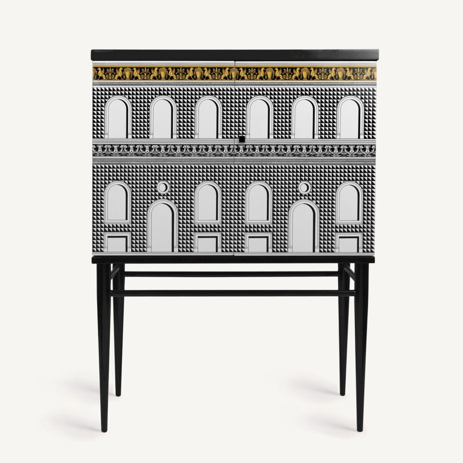 Fornasetti Madia Piccola Rialzata Facciata Quattrocentesca Bianco/Nero/Giallo Armadietti