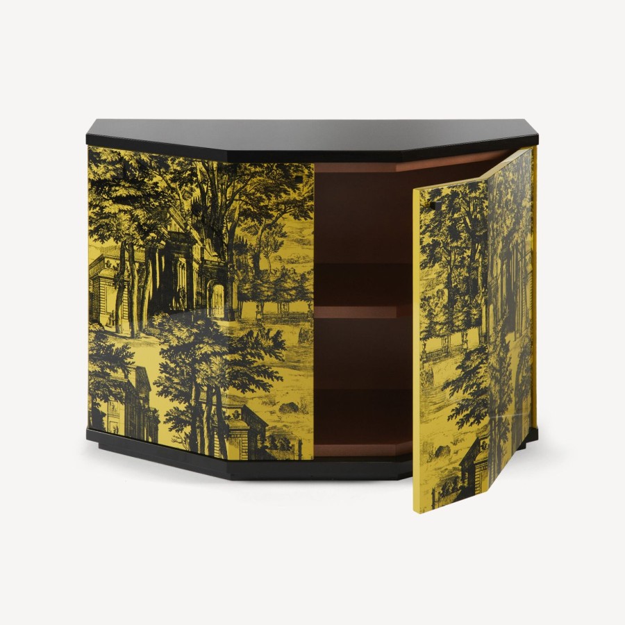 Fornasetti Piccolo Mobiletto Poliedrico Giardino Settecentesco Nero Giallo Armadietti