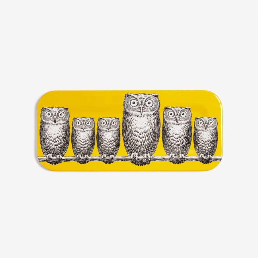 Fornasetti Vassoio Civette Bianco/Nero/Giallo Vassoi E Pliants Decorativi