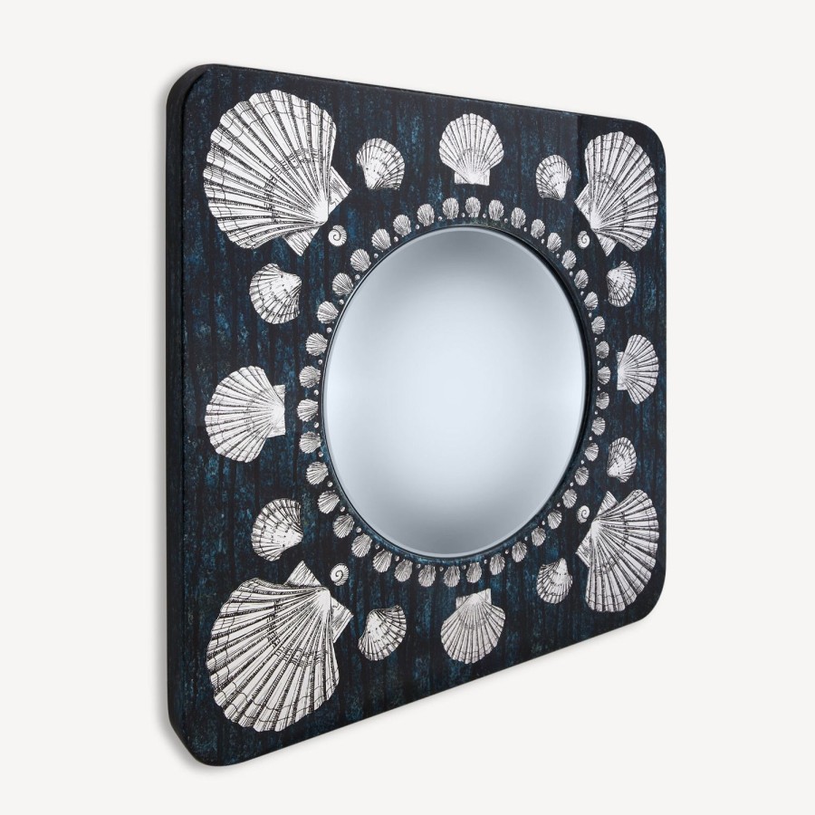 Fornasetti Cornice Con Specchio Convesso Giro Di Conchiglie Argento/Blu Specchi Di Design