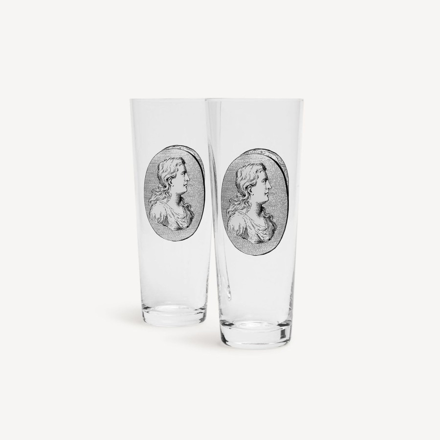 Fornasetti Set 2 Bicchieri Soda Cammei Bianco Nero Bicchieri E Sottobicchieri