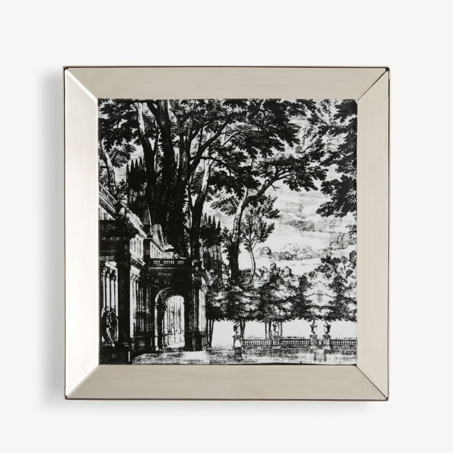 Fornasetti Vassoio Quadrato Giardino Settecentesco Bianco Nero Vassoi Decorativi