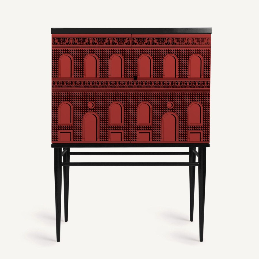 Fornasetti Madia Piccola Rialzata Facciata Quattrocentesca Rosso Nero Armadietti