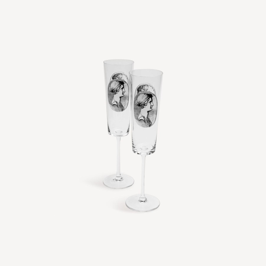 Fornasetti Set 2 Flauti Cammei Bianco Nero Bicchieri E Sottobicchieri