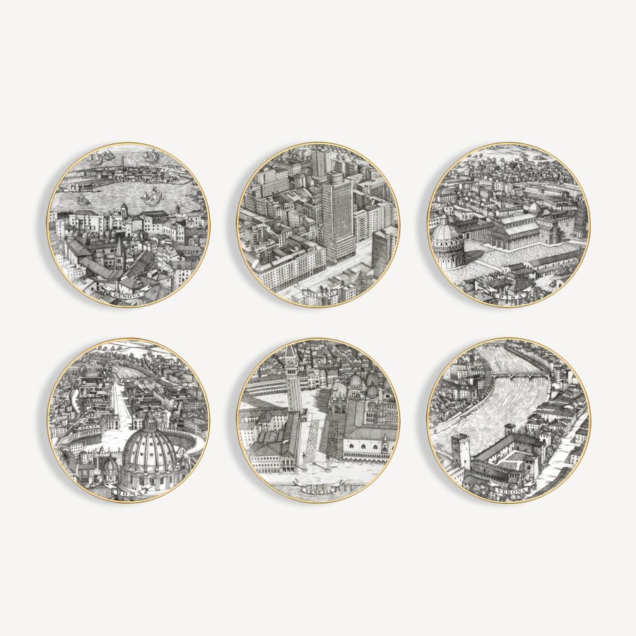 Fornasetti Set 6 Piatti Citta D'Italia Bianco/Nero/Oro Piatti Decorativi